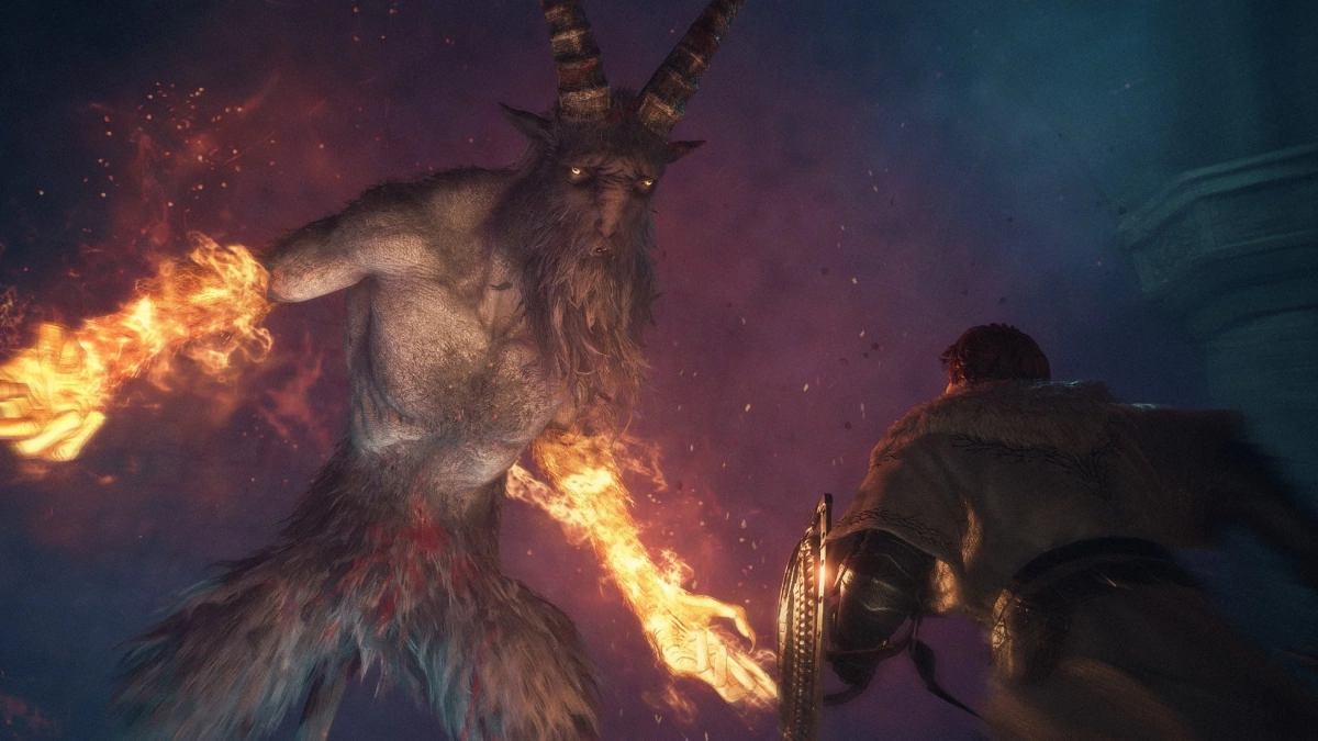 角と髭を持つ巨大な獣のような悪魔が炎を操る
