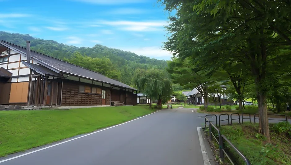 日本家屋と山