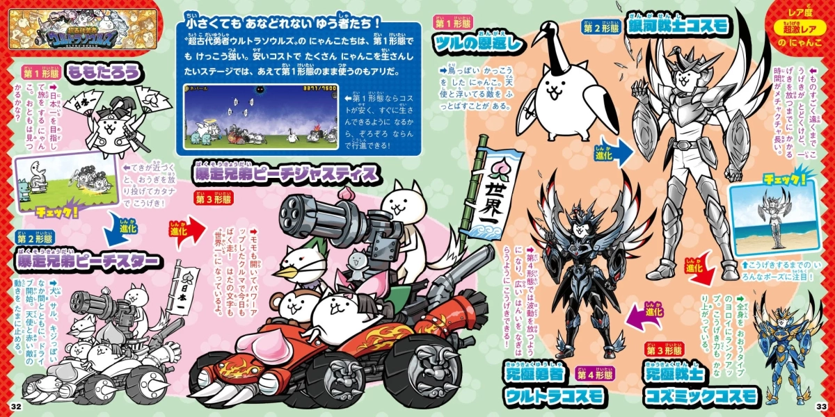 人気ゲーム「にゃんこ大戦争」のキャラクター紹介ページ。桃太郎、ツルの恩返し、コスモといったユニットの各進化形態と能力、特徴が詳細に解説されている。特に、強力な遠距離攻撃や波動攻撃、敵の動きを止める妨害能力を持つ超激レアキャラが紹介されている。