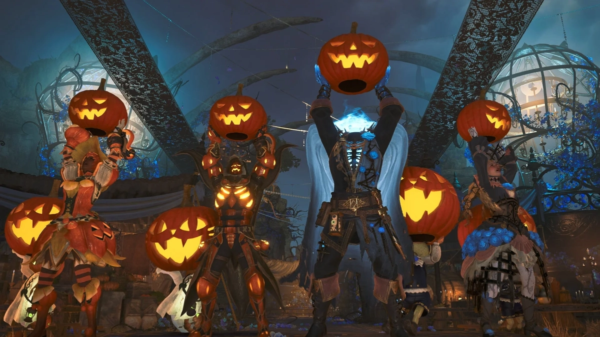 ハロウィンの装装飾が施されたファンタジーの世界で、4人のキャラクターがそれぞれジャックオーランタンを掲げている様子