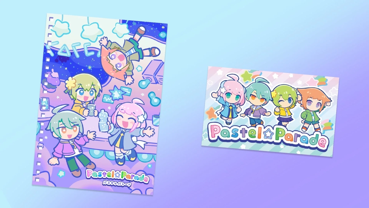 可愛らしいキャラクターたちが描かれたノートとポストカード