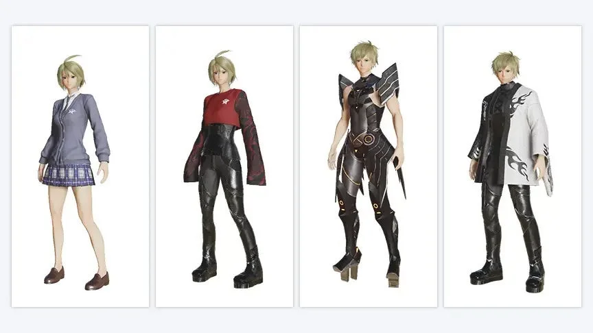 金髪のアニメ風3Dキャラクターが、制服、カジュアルウェア、未来的な鎧、和風のコートといった多様な衣装を着用している様子