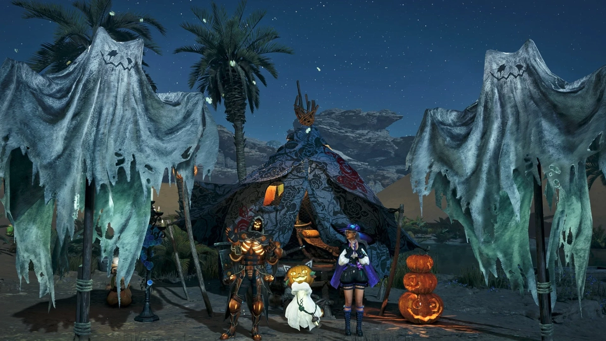 ハロウィンの装飾が施された夜の砂漠のような場所で、骸骨の騎士、魔女、カボチャのお化けのキャラクターがポーズをとっています