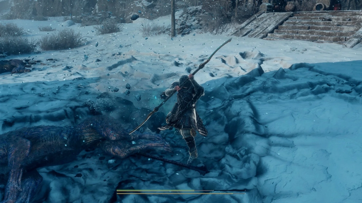 雪と氷に覆われた世界で戦士が槍を構える
