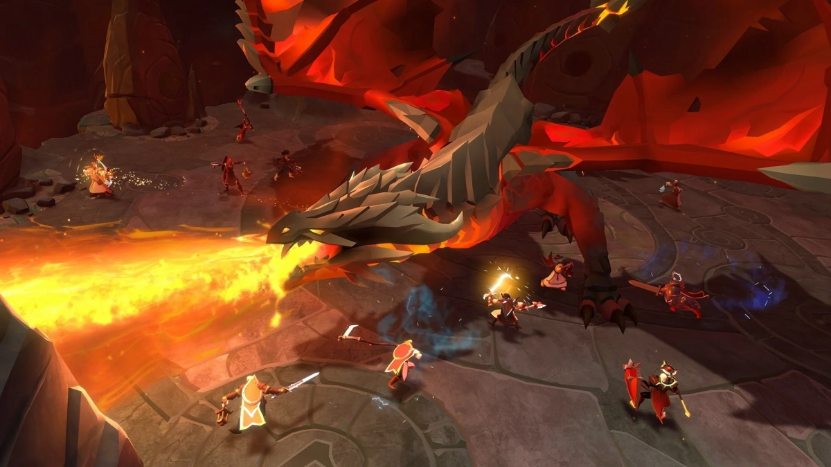 巨大なドラゴンが炎を吐き、複数のキャラクターが戦っているファンタジーゲームの戦闘シーン。