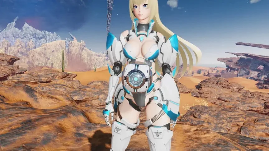 荒野を背景に、金髪の美しい女性キャラクターが未来的な白と水色のサイバーアーマーを身につけて立っています