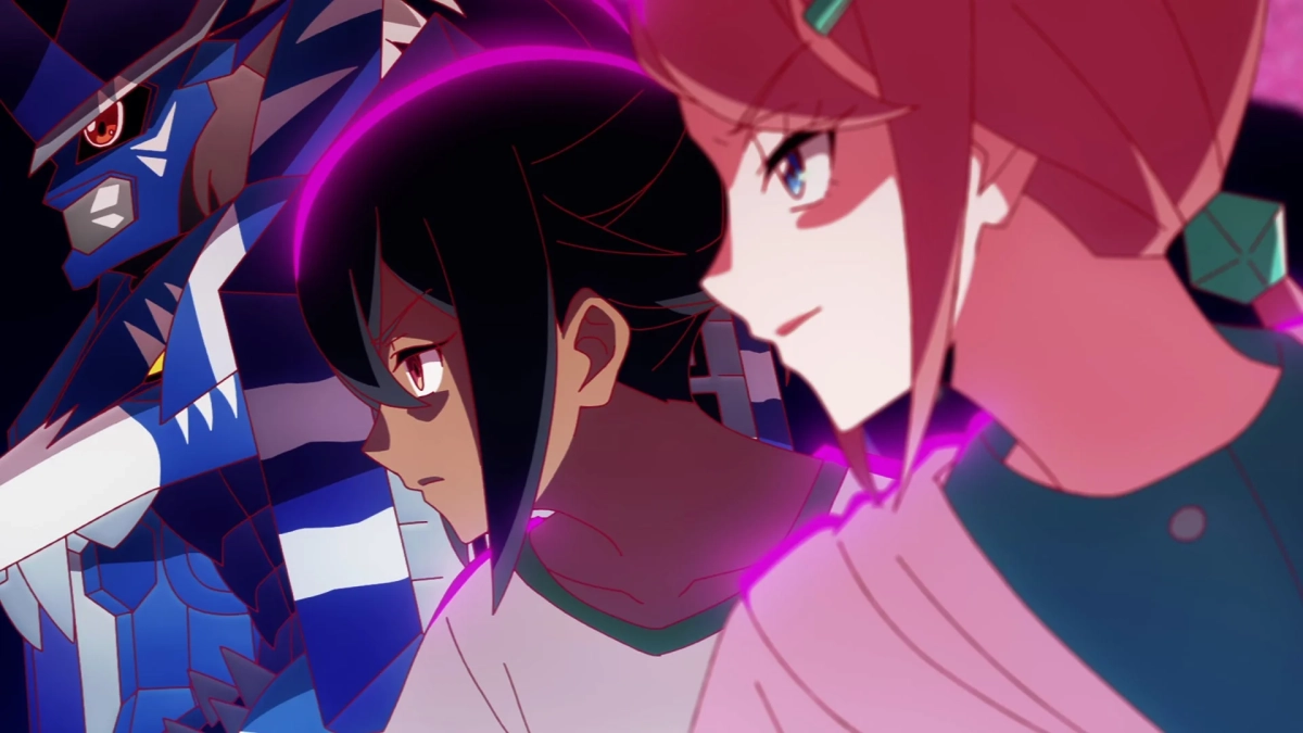 紫色のオーラを放つ3人のアニメキャラクター