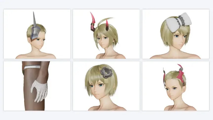 3Dモデルのキャラクターが様々なヘアスタイルやヘッドアクセサリーを試着している様子