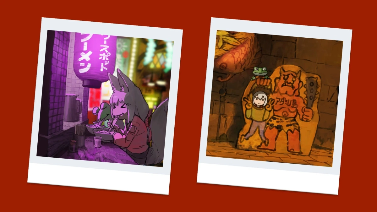 ラーメンを食べるキツネ耳のキャラクターとアダシ島のイラスト