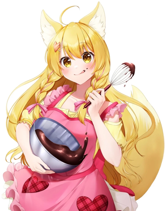 金髪の狐耳の女の子がエプロン姿でお菓子作り