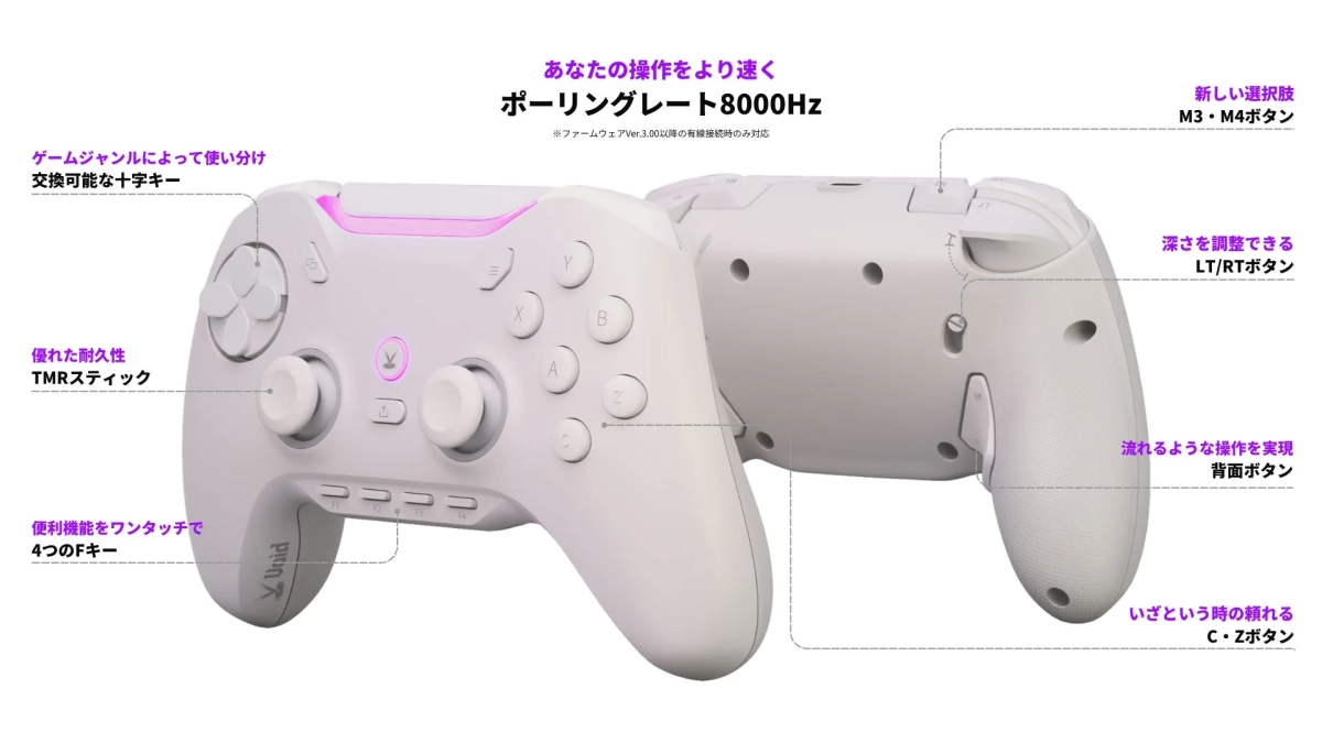 8000Hzのポーリングレートに対応した高性能ゲームコントローラーを紹介しています。