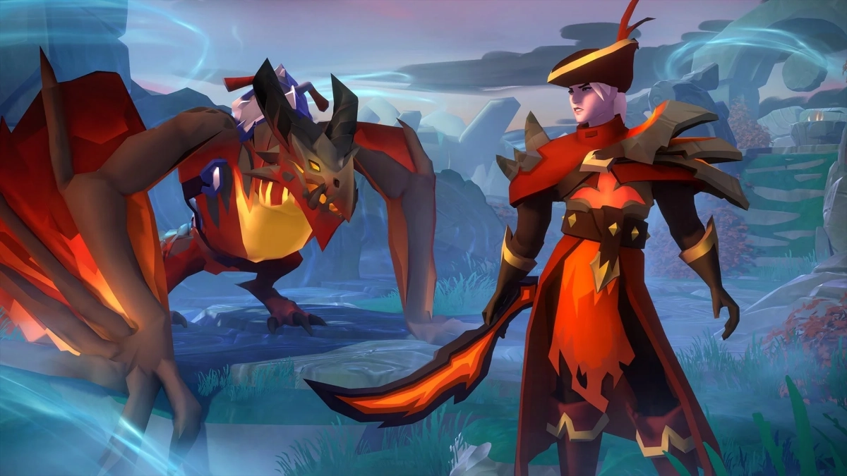 赤い翼を持つドラゴンと、炎の剣を携えた人物が対峙しているファンタジーアート。