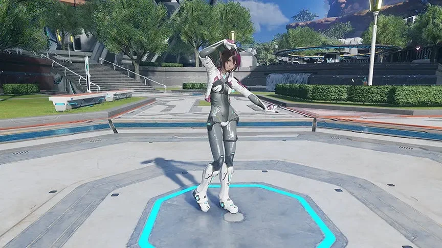 未来的な都市環境で、SF風の衣装をまとった女性キャラクターがポーズ