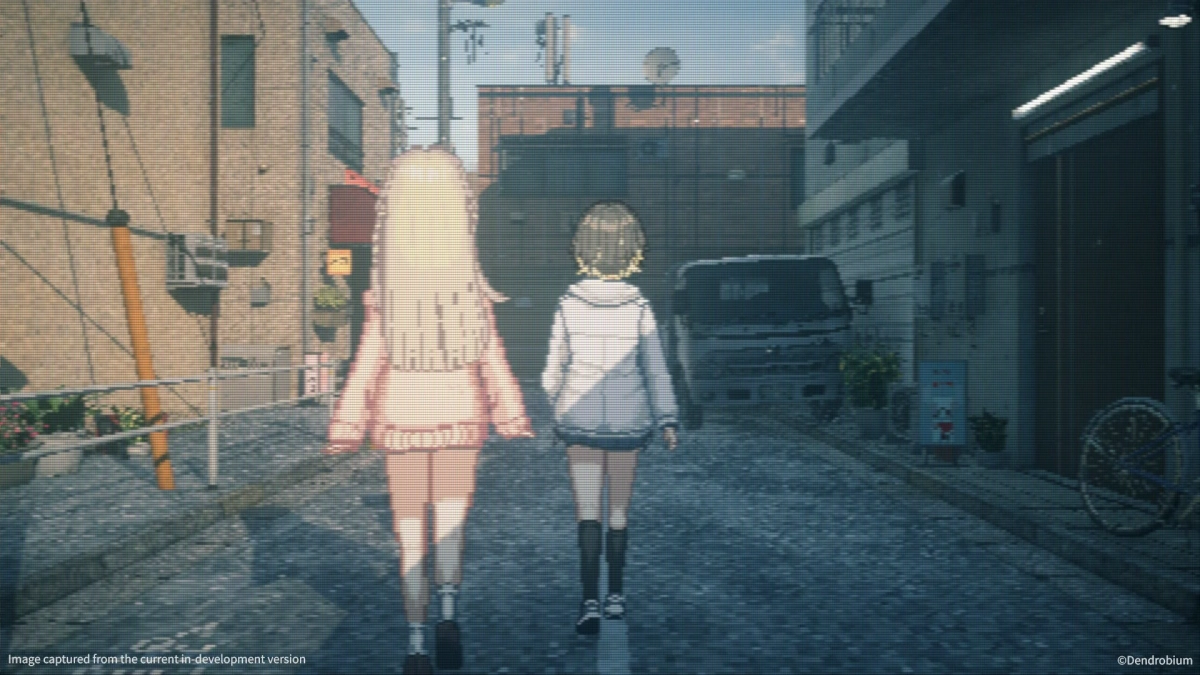 ピクセルアート調の都市の路地を2人の女の子が後ろ姿で歩いている
