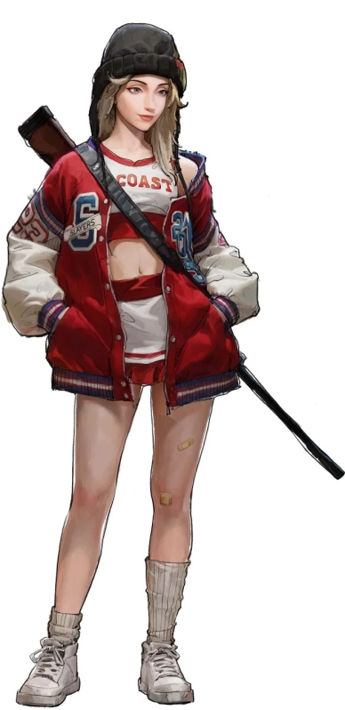赤いスタジャンを着た金髪の少女