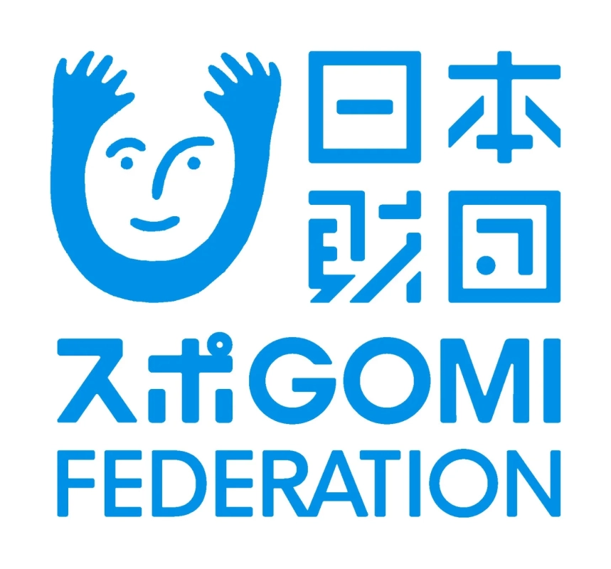 日本財団が推進するスポGOMI（スポーツゴミ拾い）のロゴです。笑顔のキャラクターと「日本財団 スポGOMI FEDERATION」の文字が青色で描かれており、スポーツと清掃活動の融合を象徴しています。