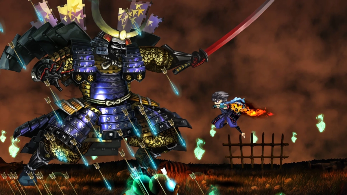 巨大な侍と炎を操る戦士