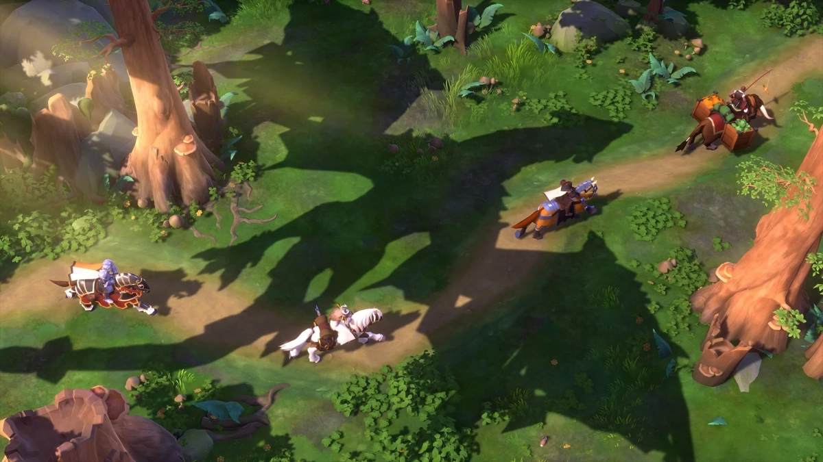 ファンタジーゲームの俯瞰視点画像。森の中の道を複数の騎乗キャラクターが移動しており、地面には巨大な翼を持つ生物の影が印象的に映し出されている。